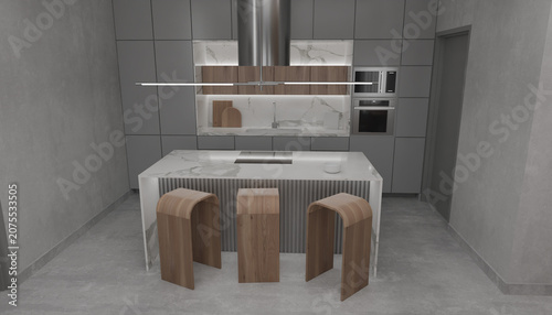 Photos Modern Kitchen Island: A sleek, contemporary kitchen island with a marble countertop and built-in stovetop, accompanied by three minimalist wooden stools, embodies sophisticated urban living