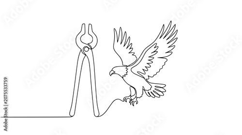 Eagle and Blacksmith Tongs, Single Line Art, Symbol of Freedom and Craftsmanship