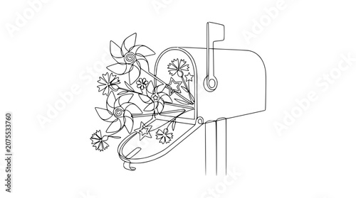 Whimsical Mailbox Overflowing with Pinwheels and Flowers Line Art