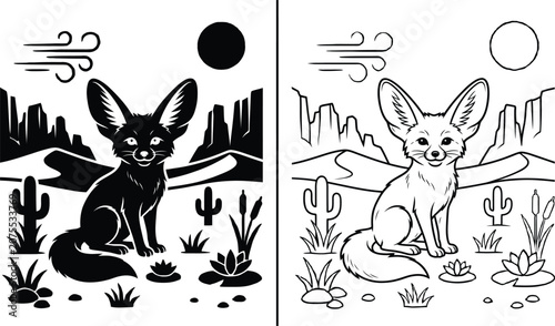 Fotografía Fennec Fox Desert Scene with Cacti, Mountains, and Water Plants for a Black or Outline Illustration Concept