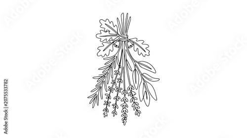 Minimalist line drawing of a botanical herb bundle with rosemary, lavender, and leaves tied with twine