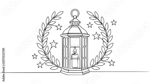 Lantern with Candle and Laurel Wreath, Star Garland - Continuous Line Drawing