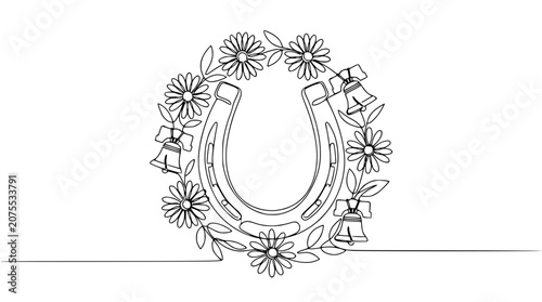 Lucky Horseshoe Wreath with Flowers and Bells - Single Line Drawing