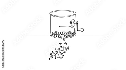 Hand-cranked juicer extracting flower petals and seeds, minimalist line art