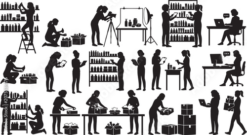 Canvastavla Retail and office worker silhouettes On White Background