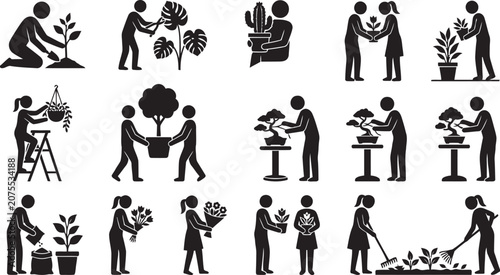 Gardening And Plant Care Silhouettes Black Vector Illustrations
