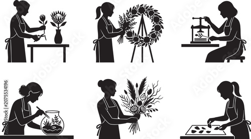 Florist Silhouettes Performing Various Tasks Black On White Background