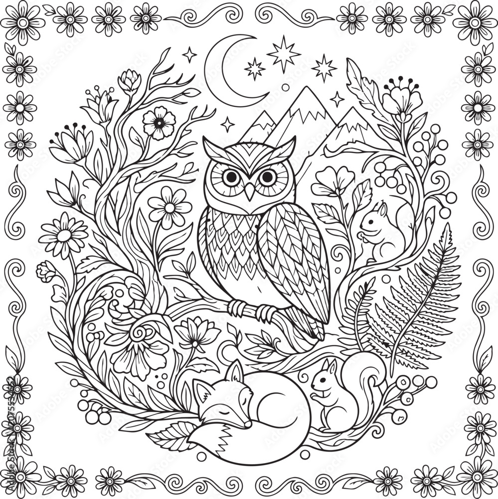 Fototapeta premium Black and white floral line art illustration of flowers