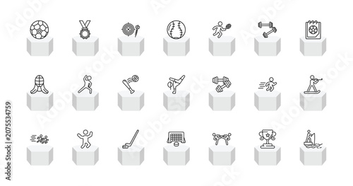 Tableau sur toile outline sports icons set - soccer ball, golden medal, softball, fisher fishing