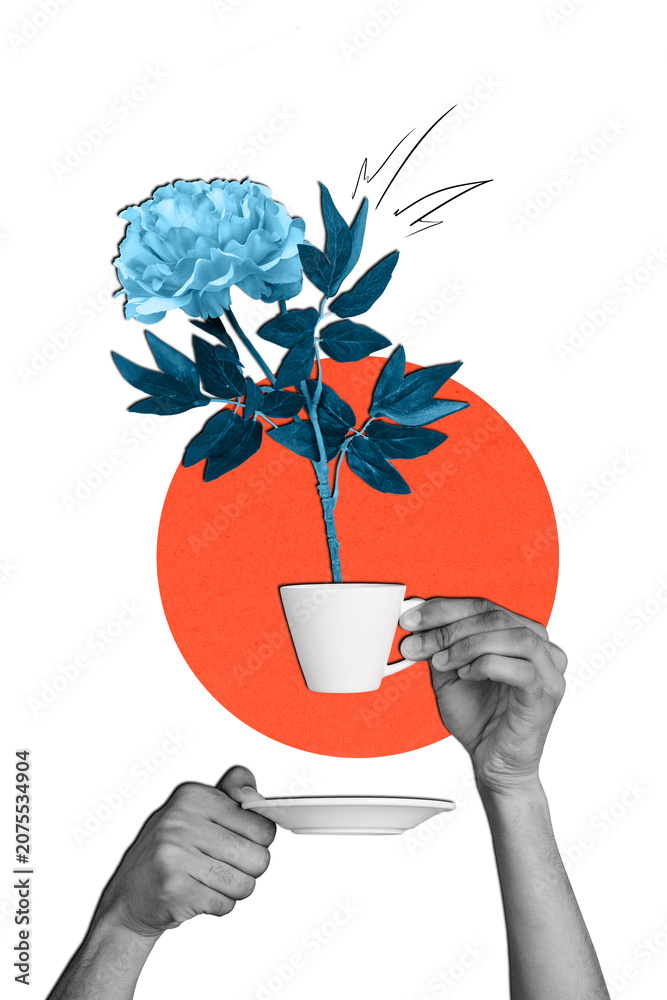 Fototapeta premium Vertical image collage human hands hold coffee tea cup drink beverage liquid cafe restaurant menu order blossom flower beauty plant
