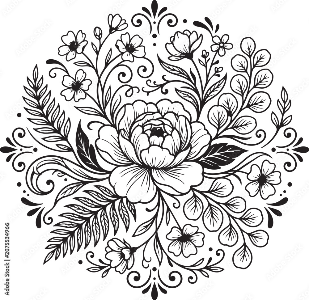 Fototapeta premium Elegant floral black and white vector illustration with detailed line art