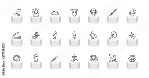 Schilderij op canvas outline fairy tale icons set - gryphon, fairy godmother, ogre, toad