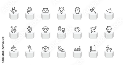 Foto outline fairy tale icons set - faun, knight, beast, centaur