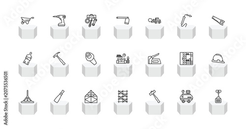 Foto outline construction icons set - wheel barrow, cordless drill, gardening digger, derrick with load