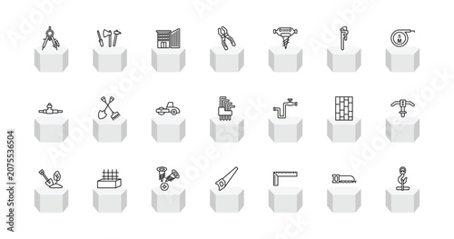 Fényképezés outline construction tools icons set - drawing compass, tools, inclined clippers, hook with cargo