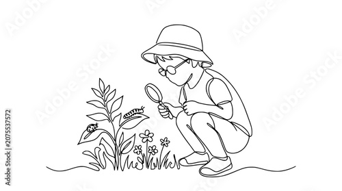 Canvastavla Curious child explores nature with magnifying glass, discovering insects and plants in simple line art