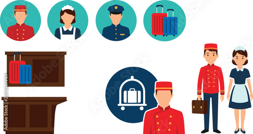 Fotografie Hotel Staff and Hospitality Service Vector Character Icon Set with Bellboy, Maid