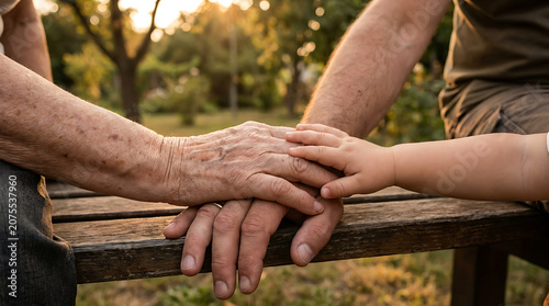 Three generations of hands stacked on wooden bench at sunset