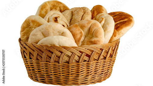 Foto Freshly baked artisan bread rolls in a woven wicker basket isolated on transpare
