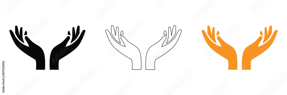 Fototapeta premium Three vector hand icons in black, Line art, And orange on white background for support and protection concepts