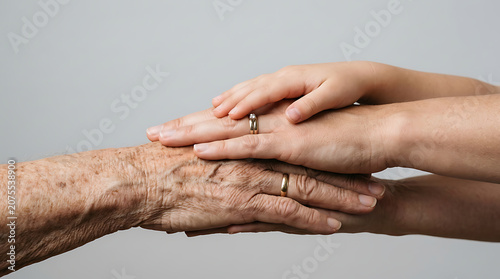 Three generations of hands stacked together showing family support and care