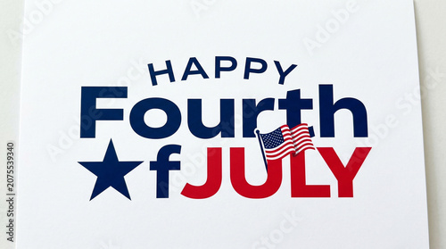 Minimalist Happy Fourth of July logo on white paper background.