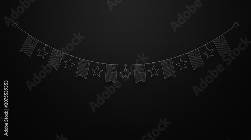 Minimalist silver star bunting garland hanging on a dark textured background.