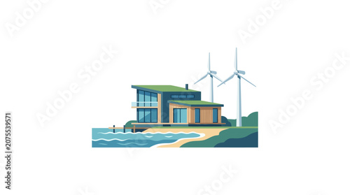 Modern eco-house by the sea with wind turbines, sustainable energy concept.