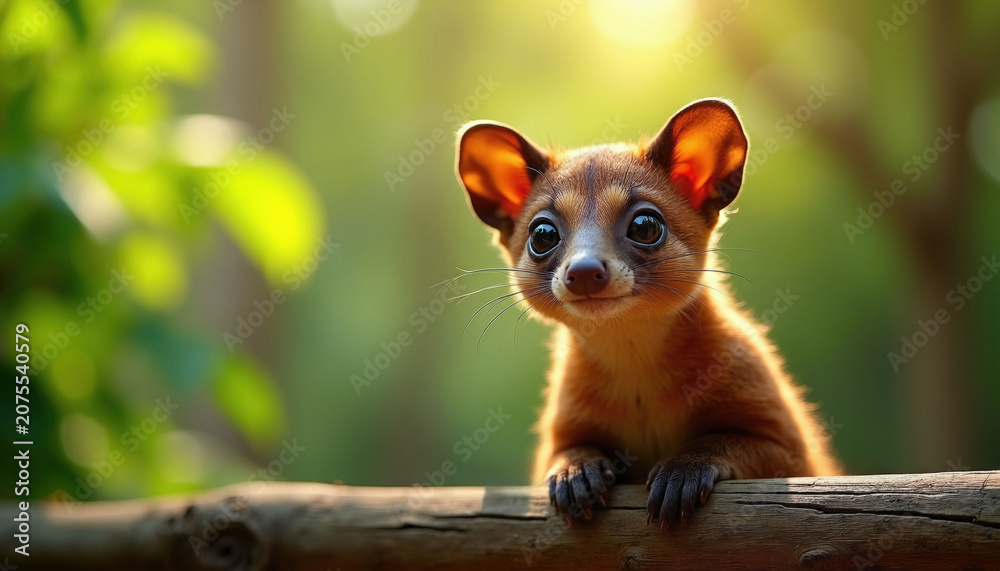 Fototapeta premium Small curious mammal with big eyes sits on tree branch. Golden sun rays illuminate fuzzy fur. Creature looks toward viewer in lush green forest environment. Cute wild animal in natural habitat.