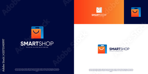 Minimalist shopping bag logo with abstract cellphone screen, software, application, digital technology, vector illustration graphic.