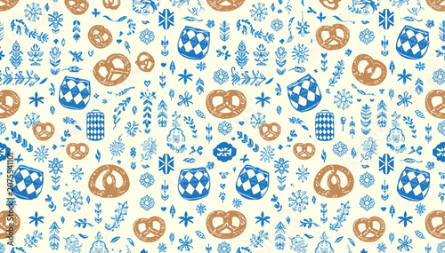 Obraz na plátne Seamless pattern with traditional Bavarian elements like pretzels, beer steins, and folk art motifs in blue and brown