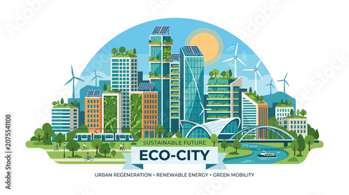 Eco-city concept: sustainable urban future with green buildings, solar power, wind turbines