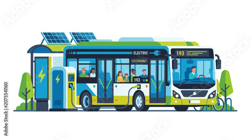 Electric Bus Charging Station with Solar Panels and Passengers