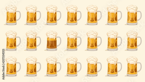Photos A grid pattern of numerous beer mugs, mostly filled with light lager and foam, with one dark beer mug standing out