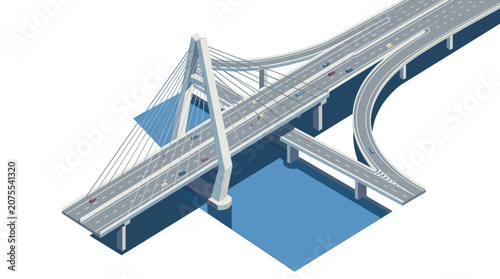 Modern Cable-Stayed Bridge with Highway Traffic Flow