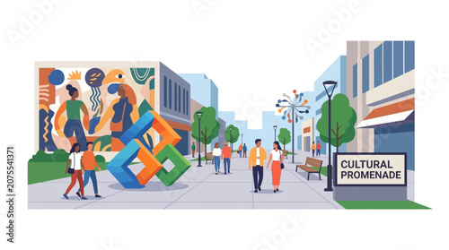 People walking on a vibrant cultural promenade with modern art and urban buildings