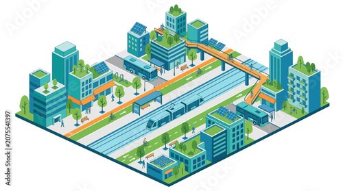 Sustainable city illustration with green buildings, solar panels, and public transport.