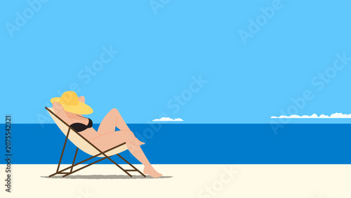Tableau sur toile A woman wearing yellow sun hat is sunbathing or relaxing on a beach chair by the sea during summer