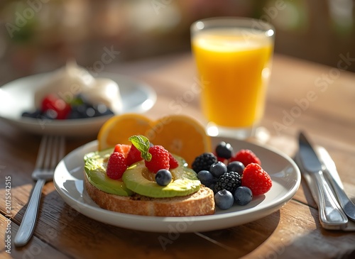 Healthy Breakfast with Avocado Toast and Juice