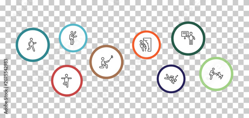 Foto outline behavior icons set - stick man dancing, presentation whiteboard, stick man running, stick man excersicing
