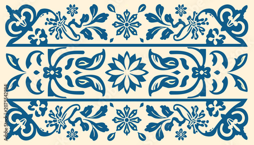 Photos Intricate blue floral and scroll ornamental border design with symmetrical patterns on a light background, featuring three distinct decorative bands