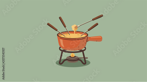 A vector illustration of a traditional cheese fondue pot with forks.