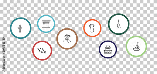 Photography outline asian icons set - torii gate, oriental pearl tower, sai, carps