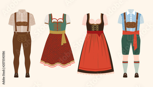 Принти на полотні Illustration of traditional Bavarian clothing, featuring two men's lederhosen outfits and two women's dirndl dresses, ready for Oktoberfest celebrations