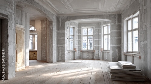 Renovation is underway in a room with large windows and wooden floors. Use to represent home remodeling, or property development concepts.