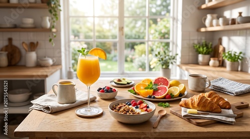 Healthy breakfast spread on a wooden table in a sunny kitchen with orange juice and croissant.