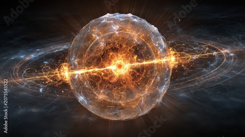 Glowing sphere with lightning strikes and orbiting rings on a dark background. Perfect for science, technology, energy, or powerful abstract concepts.
