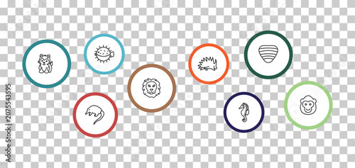 Photography outline animals icons set - puffer, clam, siberian husky, desman