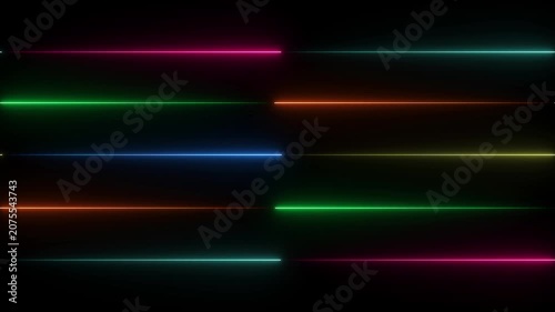 Horizontal Rainbow Neon Tube Lights on Black Background with Vibrant Glowing Color Spectrum for Futuristic Motion Graphics Overlay