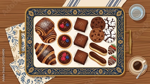 Assorted chocolate pastries and desserts on decorative tray with coffee